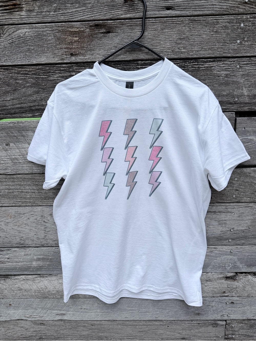 Gildan White Short Sleeve Tee with Pink & Gray Lightning Bolts